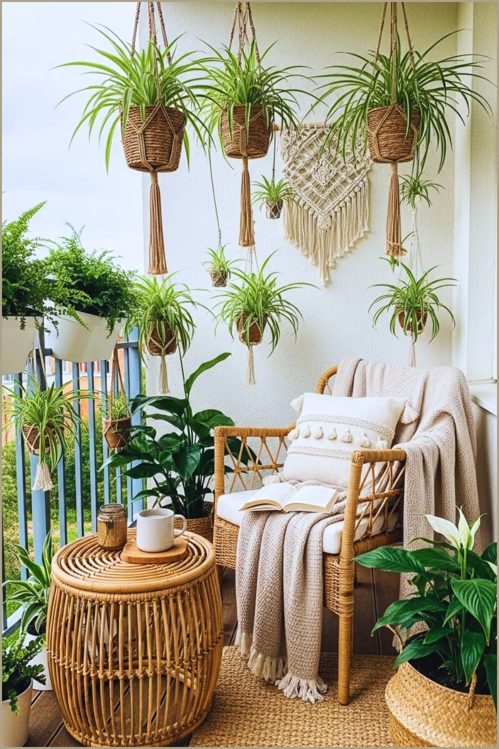 Cozy Balcony Oasis Lush Hanging Spider Plants
