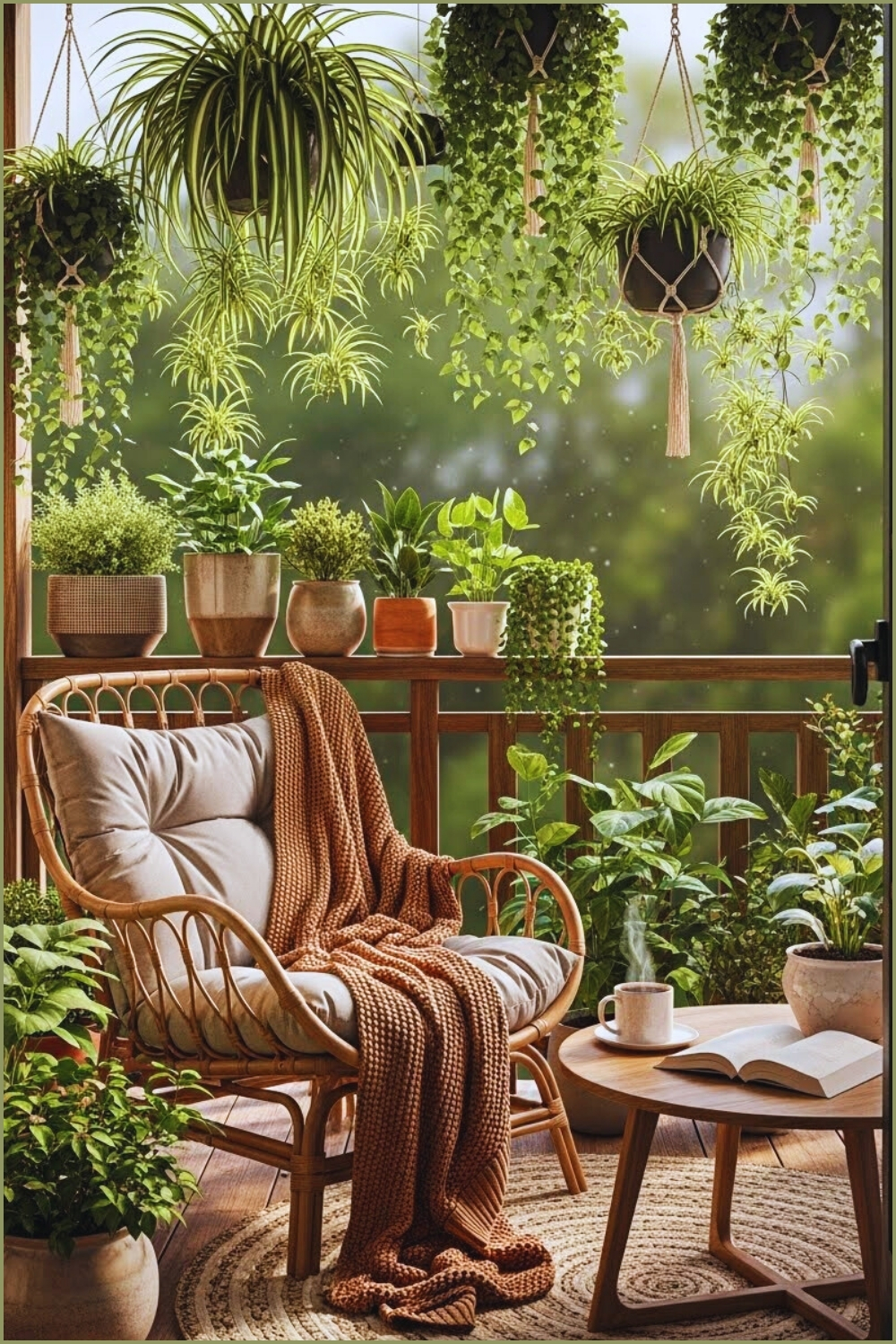Cozy Balcony Reading Nook Lush Hanging Plants