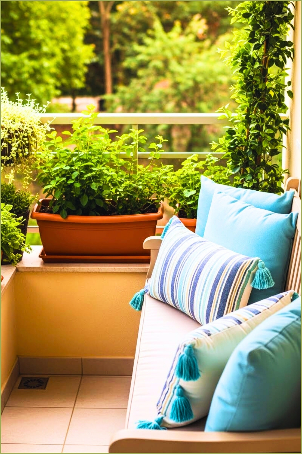 Cozy Balcony Seating With Beige Wooden Bench