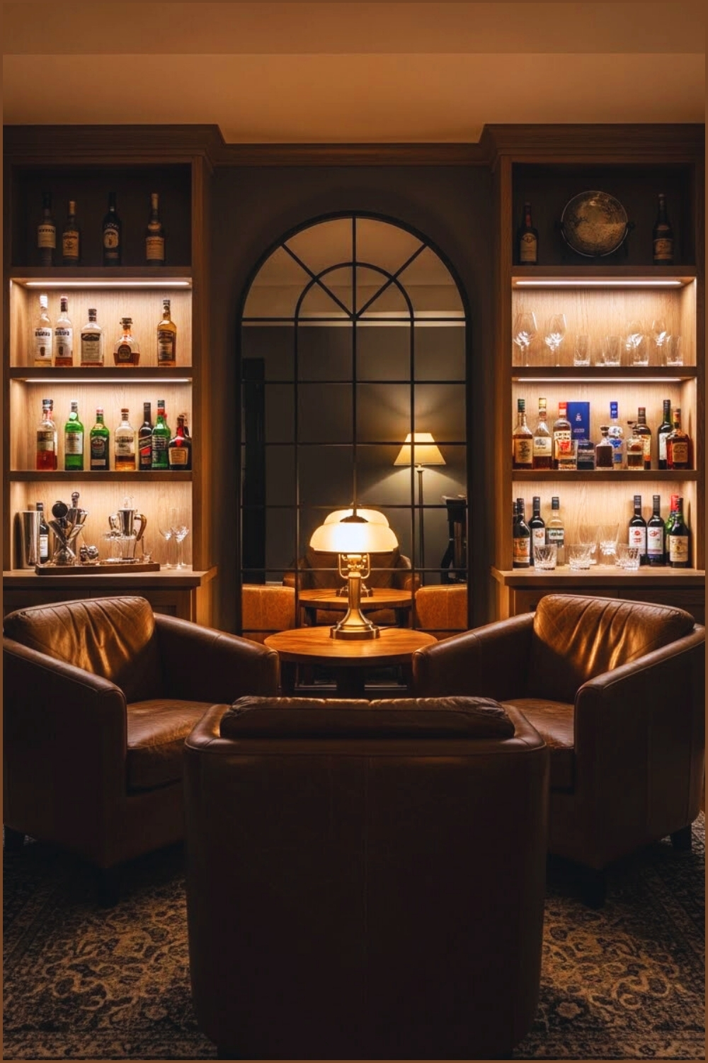 Cozy Basement Bar Nook With Arched Mirror