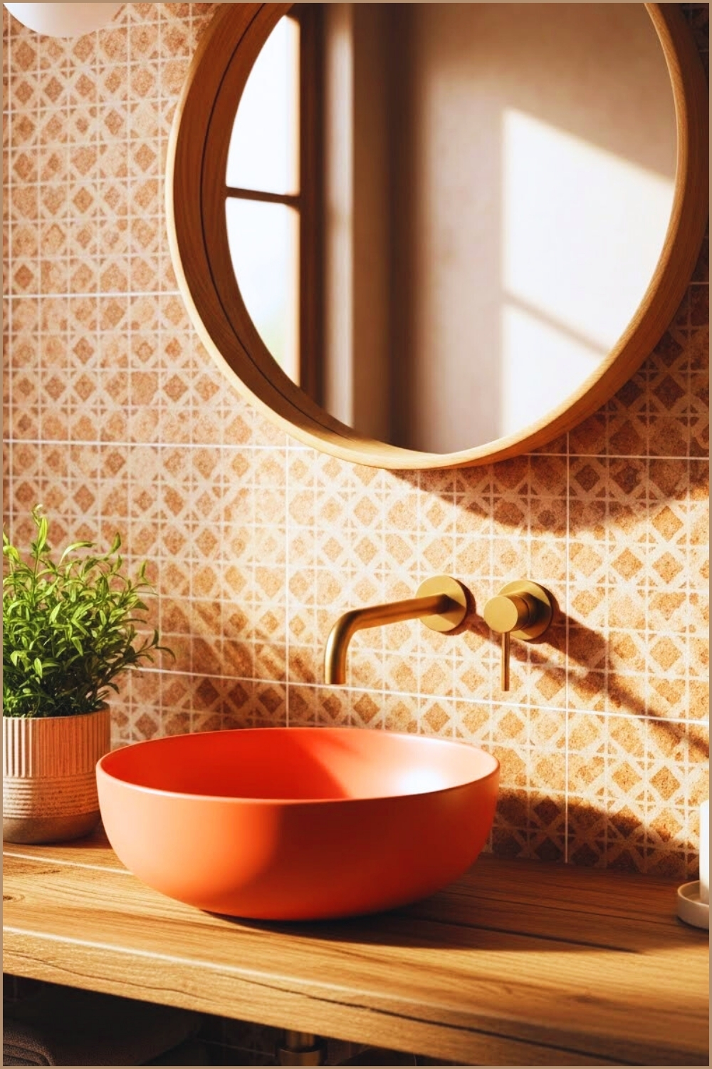 Cozy Bathroom With Warm Patterned Terracotta Tile Backsplash