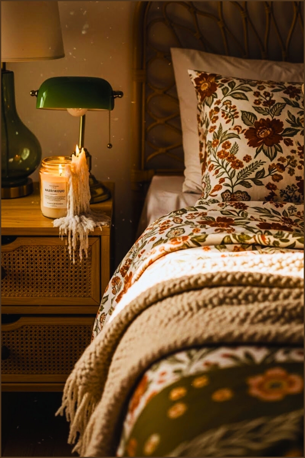 Cozy Bedside Vignette Boho Bedroom Styling Lit Candle In Glass
