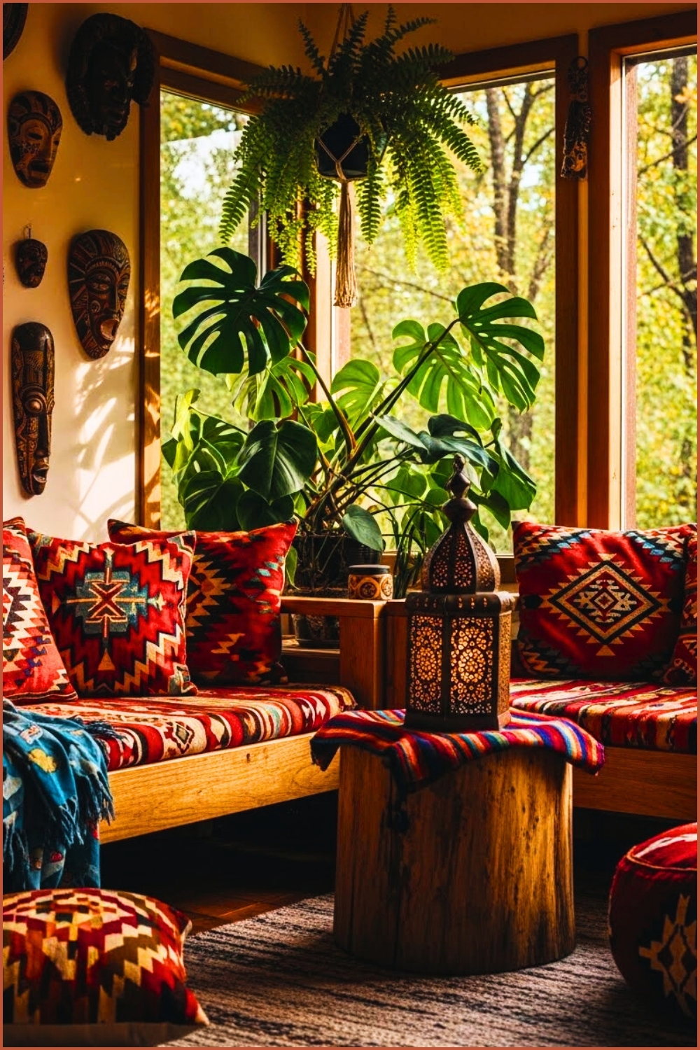 Cozy Bohemian Corner Interior Bright Tribal Patterned Cushions