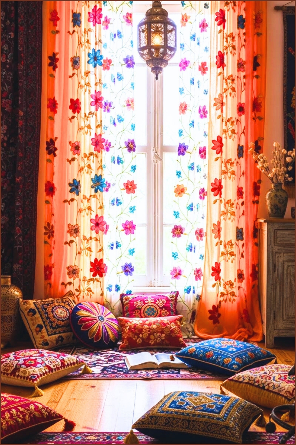Cozy Bohemian Interior With Vibrant Orange Floral Curtains