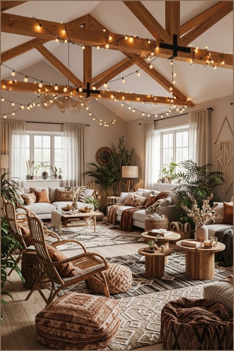 Cozy Bohemian Living Room With A High Vaulted Ceiling