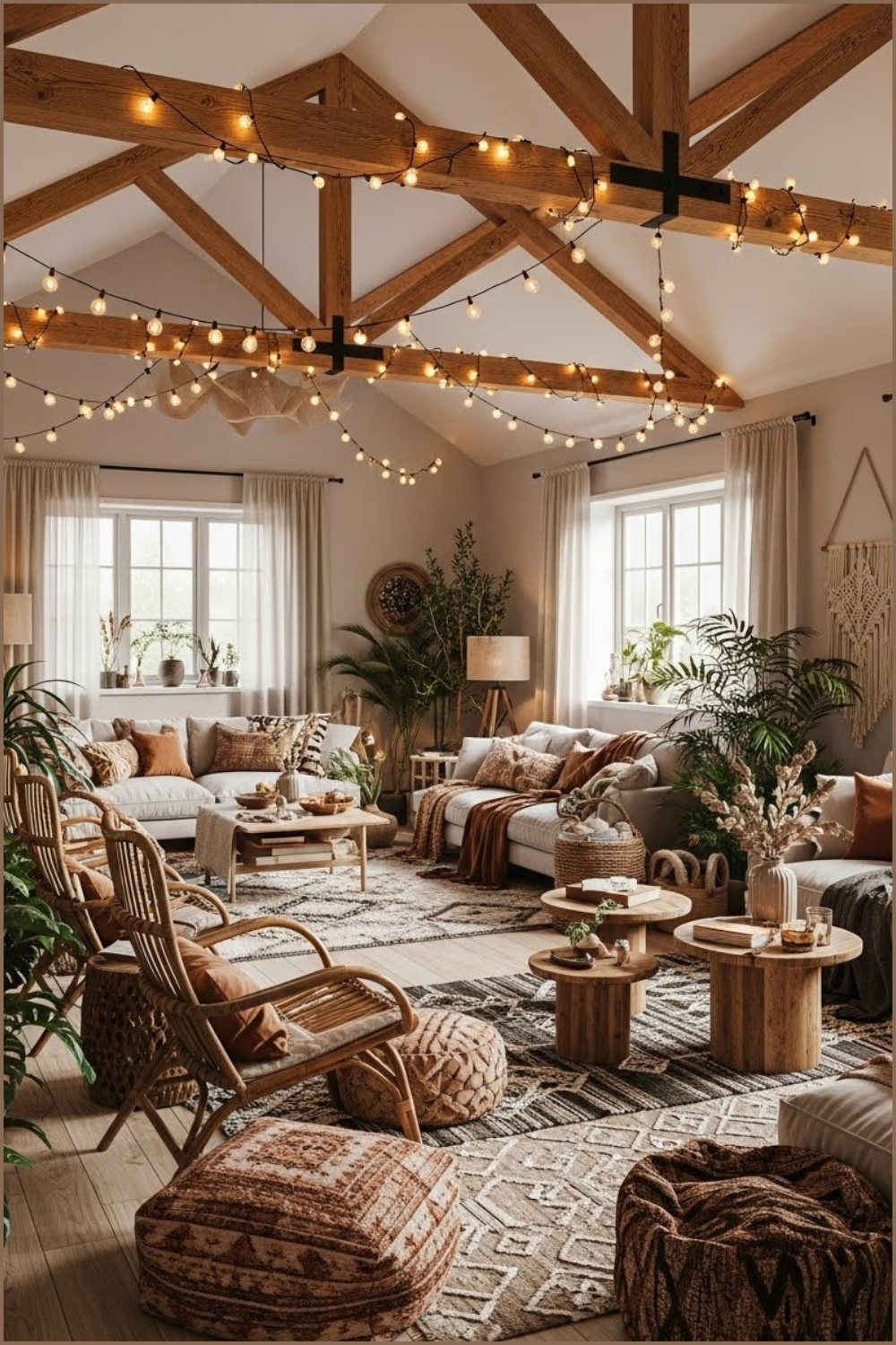 Cozy Bohemian Living Room With A High Vaulted Ceiling