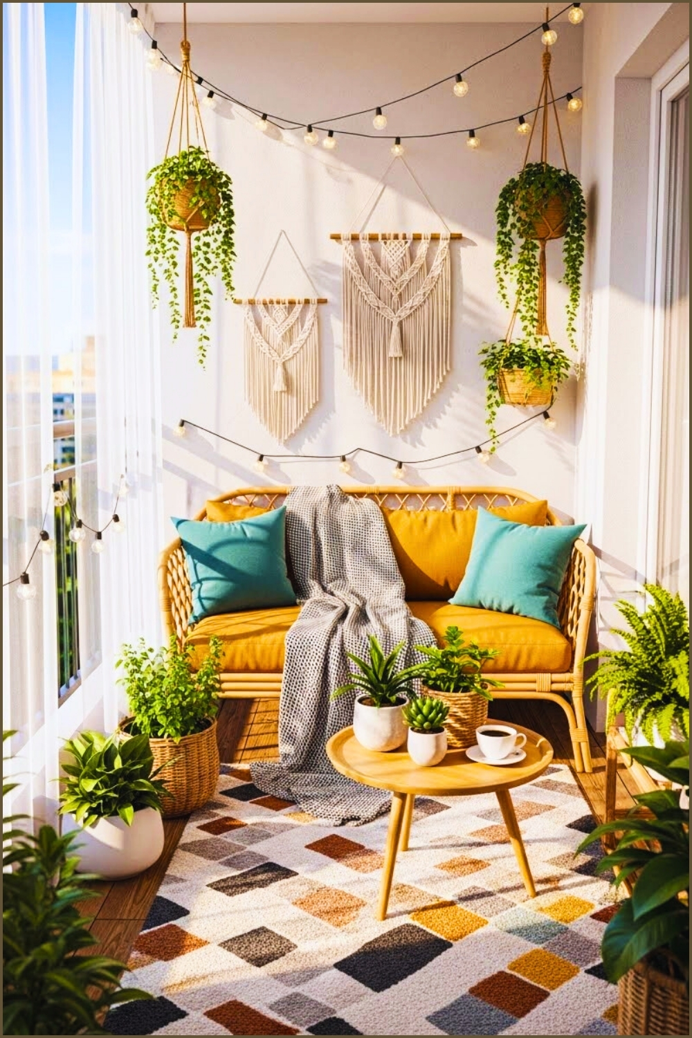 Cozy Boho Balcony Interior, Rattan Sofa With Mustard Cushion
