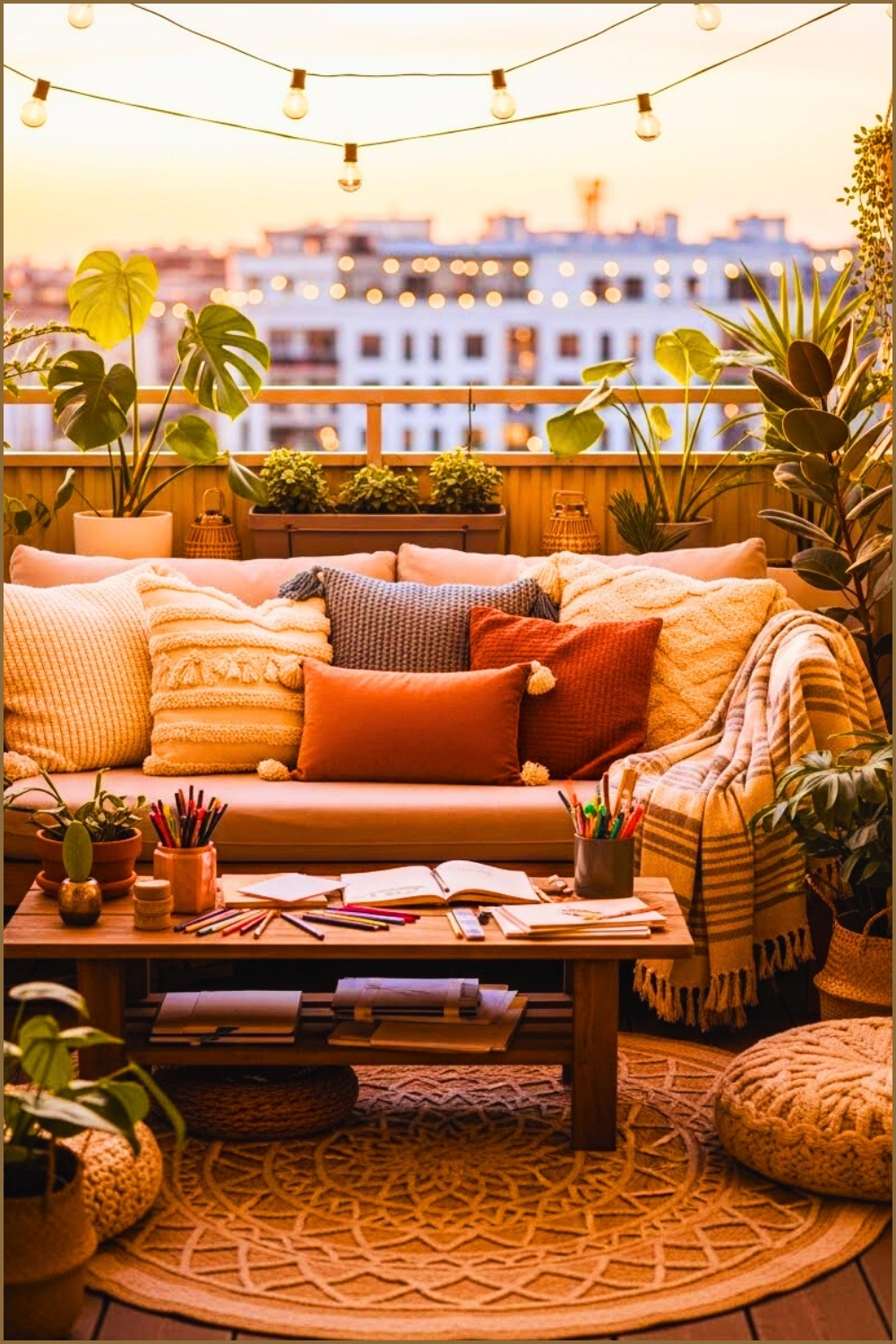 Cozy Boho Balcony Scene, Soft Beige Sofa With Textured Pillows