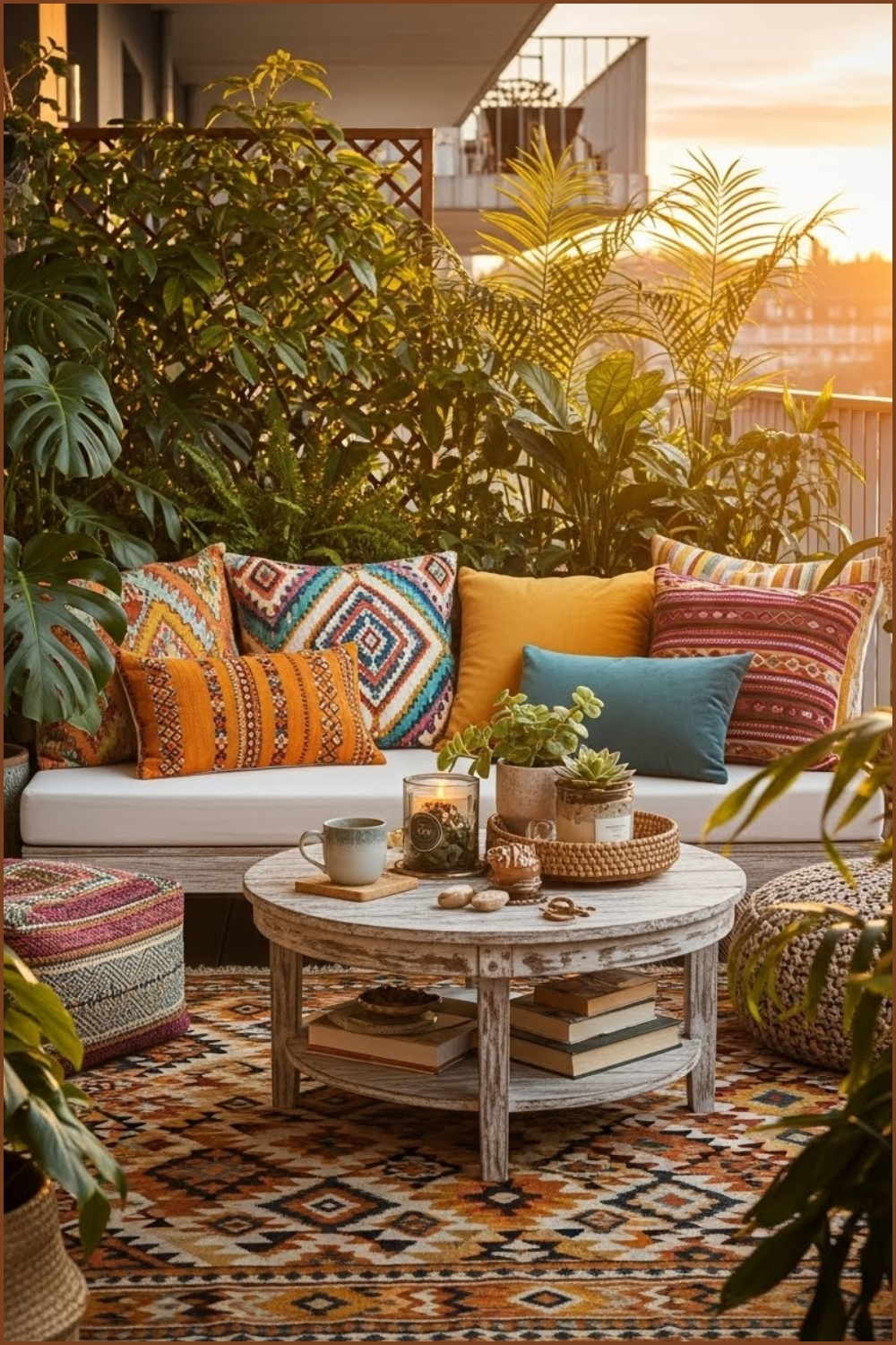 Cozy Boho Balcony Seating Area Lush Tropical Plants All Around
