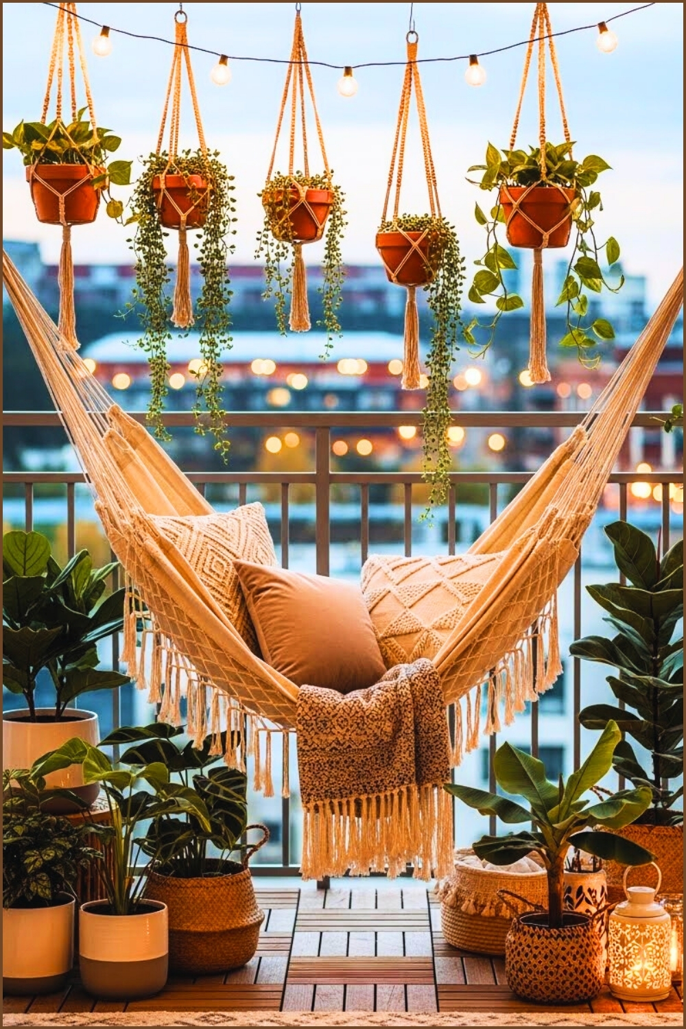 Cozy Boho Balcony With Macrame Hammock Hanging Terracotta
