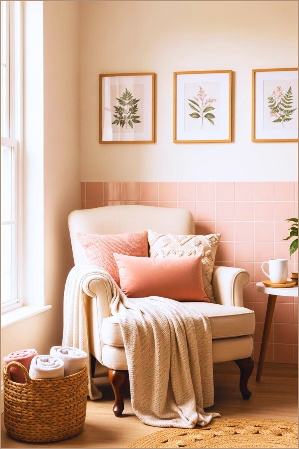 Cozy Boho Bathroom Seating Nook, Vintage Upholstered