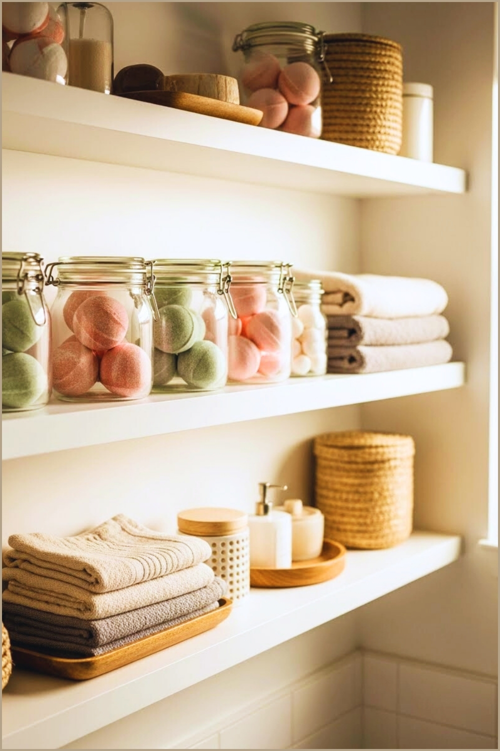 Cozy Boho Bathroom Spa Shelf, Glass Jars Filled With Pastel