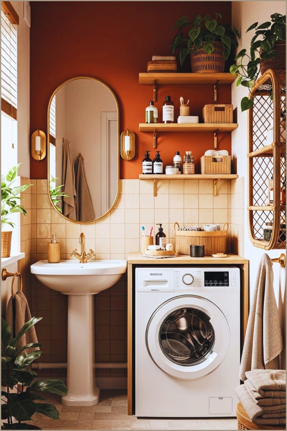 Cozy Boho Bathroom With Integrated Laundry Area