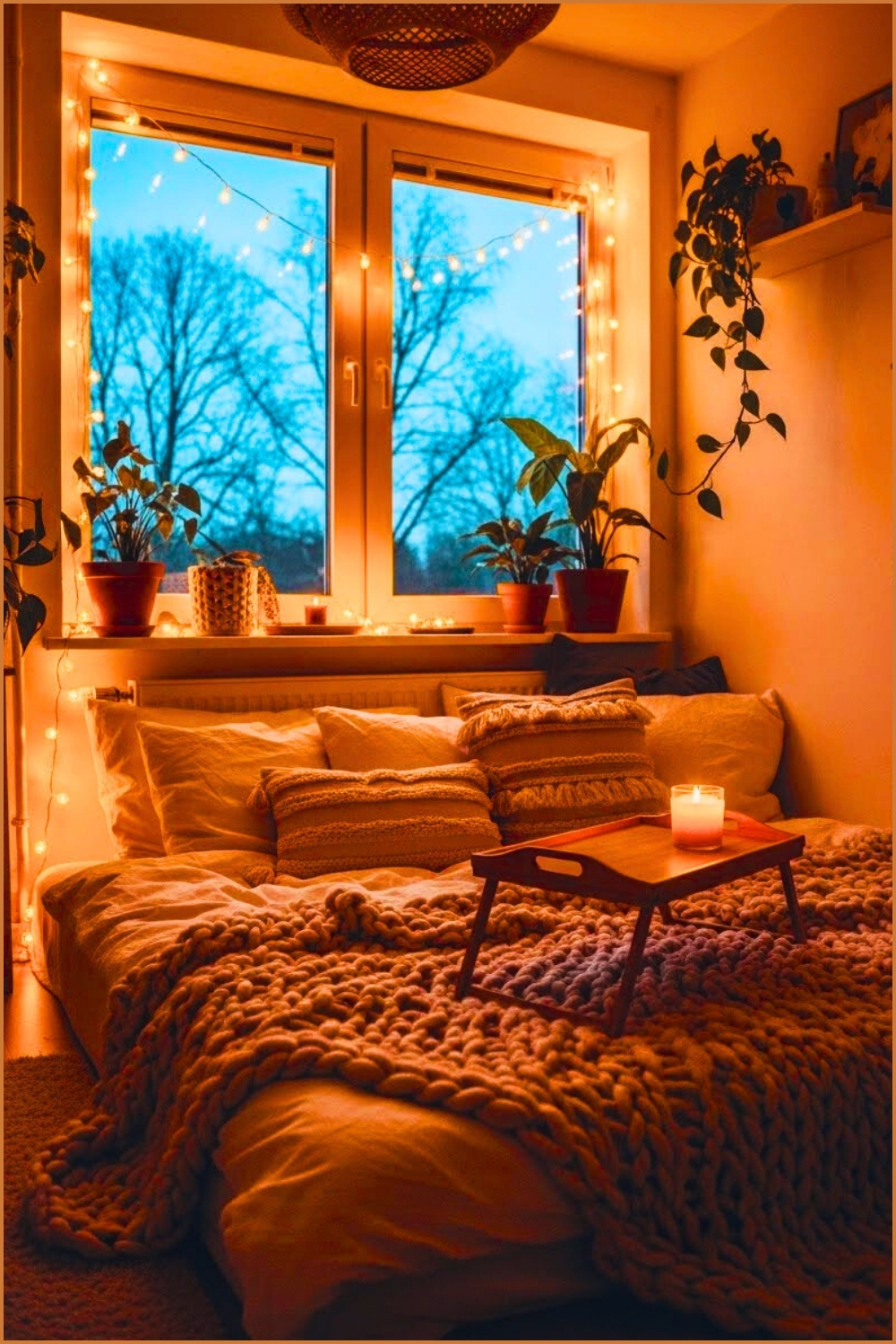 Cozy Boho Bedroom At Dusk Featuring A Low Bed