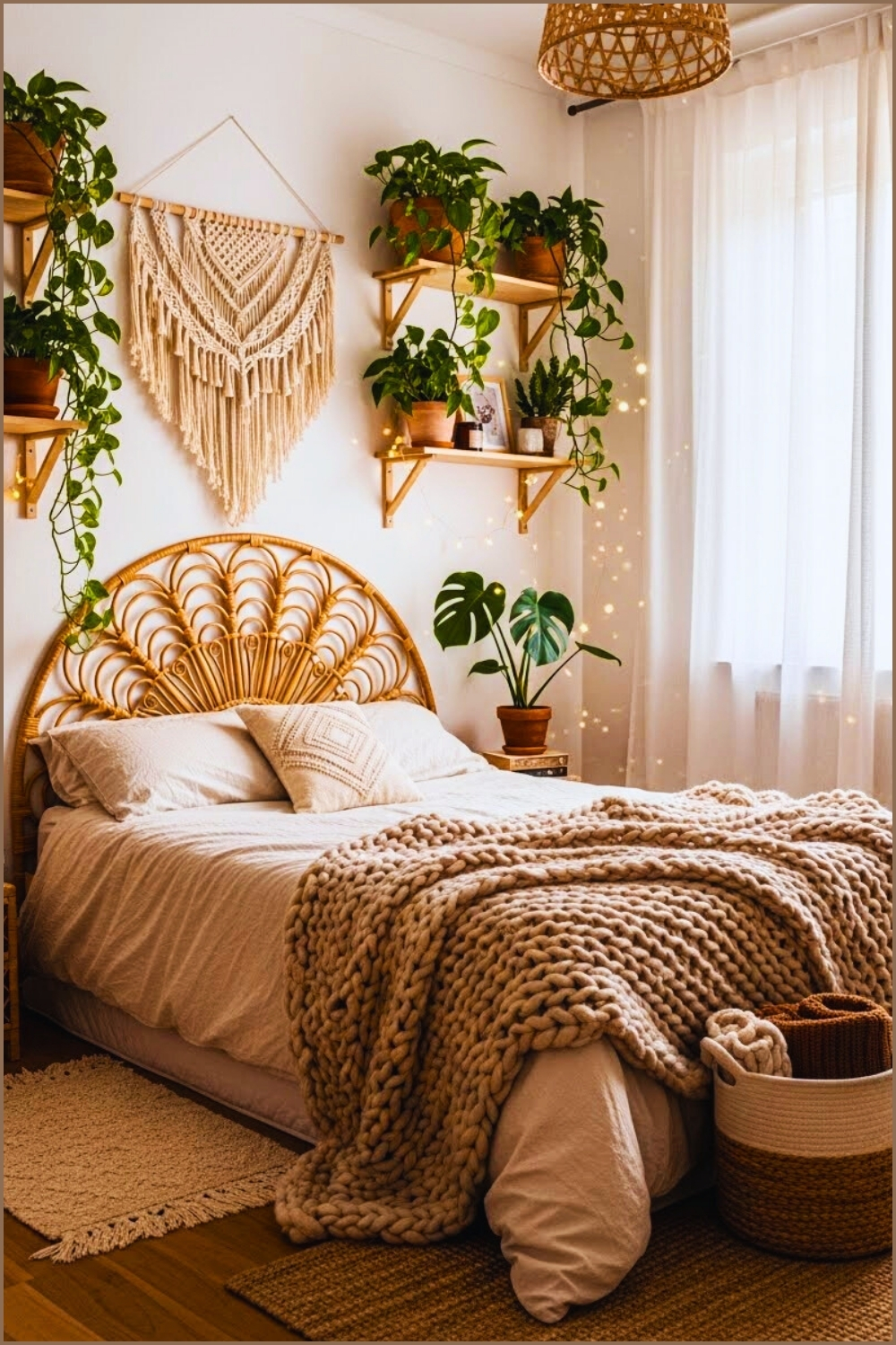 Cozy Boho Bedroom Warm Neutral Tones Rattan Headboard