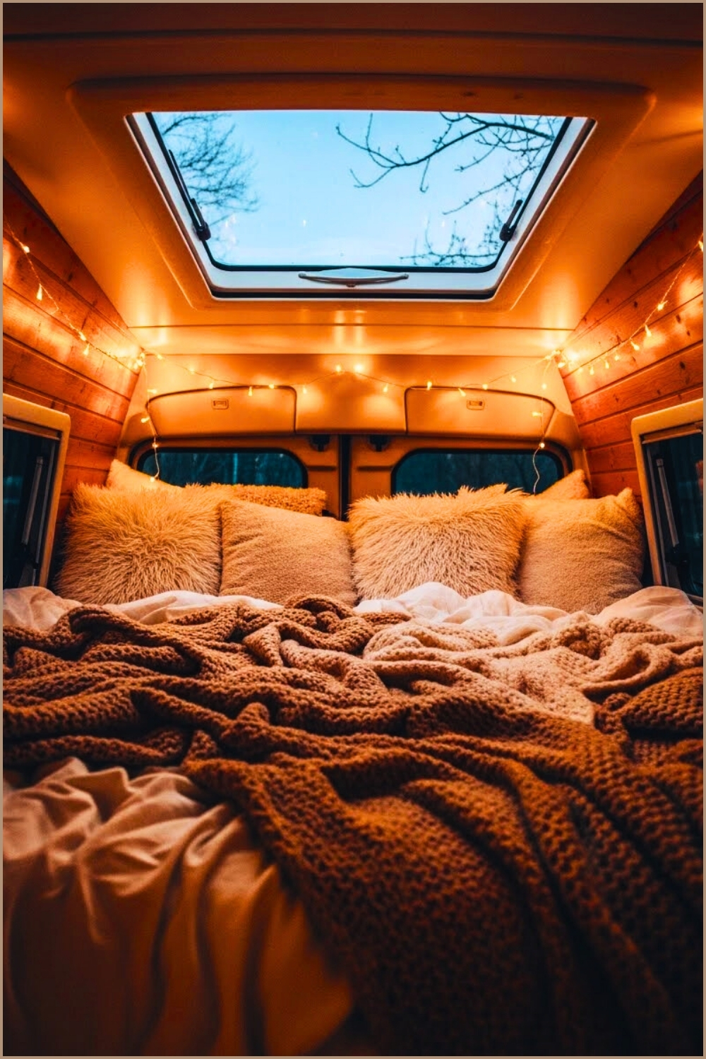 Cozy Boho Camper Van Interior, Soft Van Bedroom Nook, Dreamy Cozy Bed With Layered KnitsAnd Cream Palette