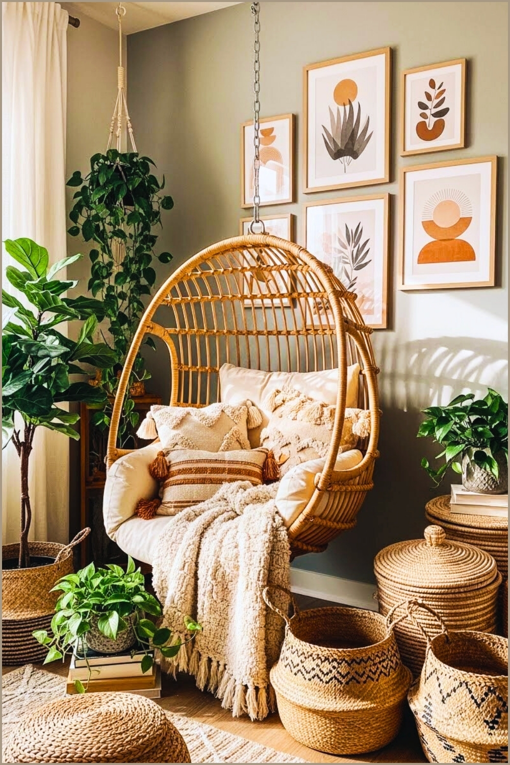 Cozy Boho Corner With Rattan Hanging Egg Chair Soft Cushions