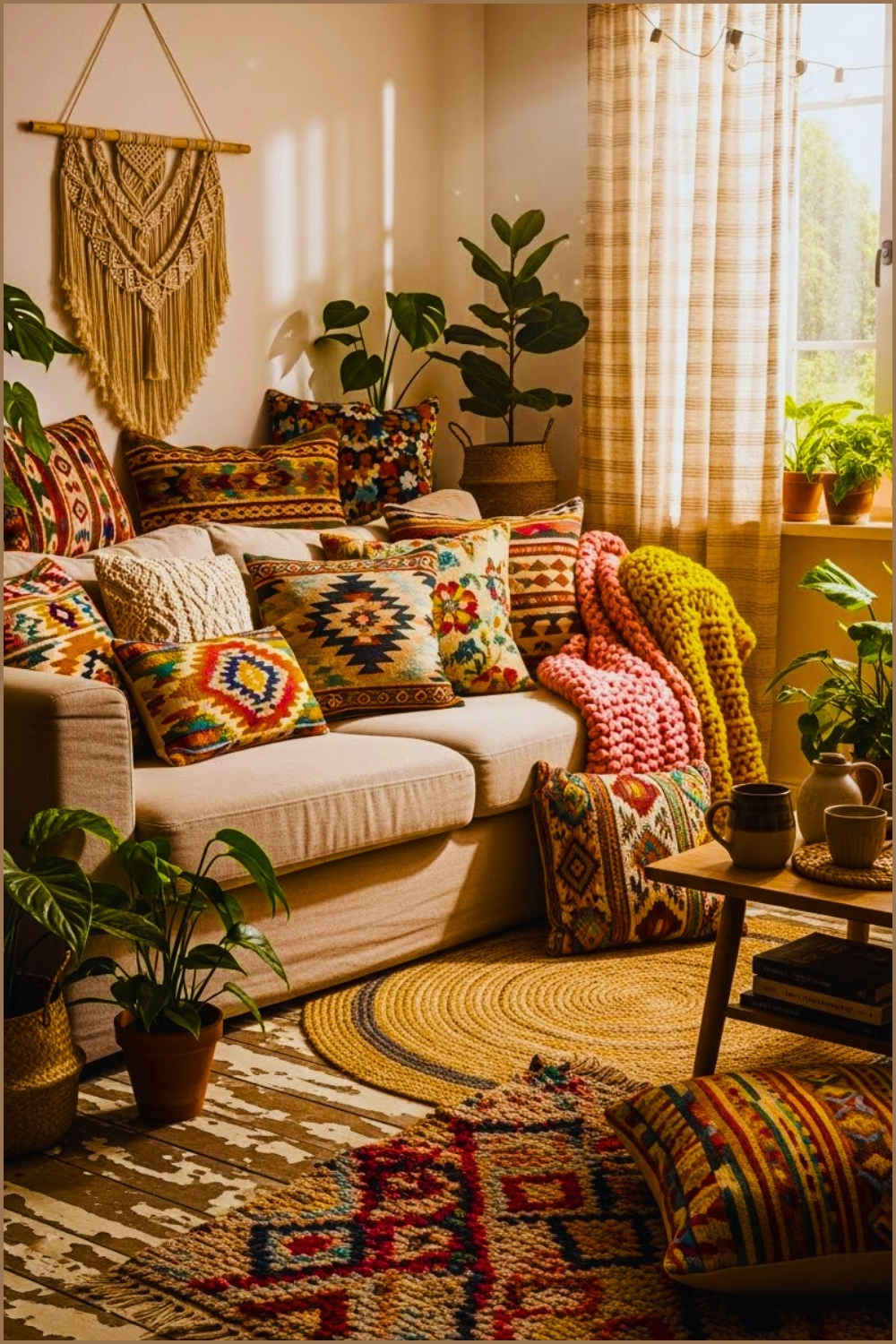 Cozy Boho Living Room Beige Sofa With Multi Pattern