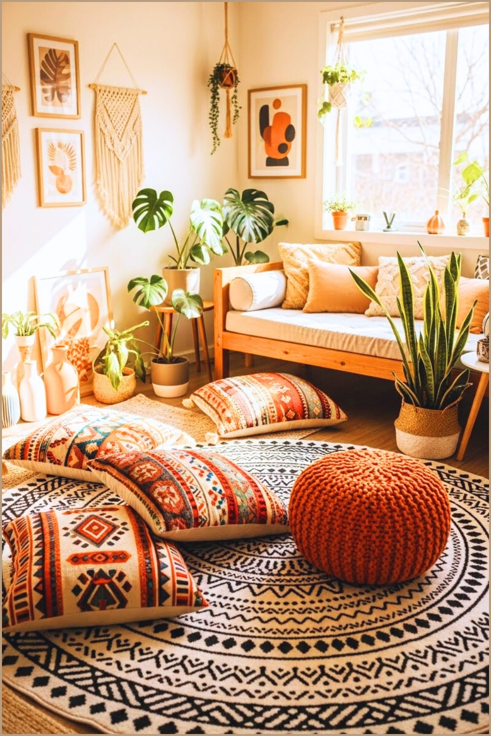 Cozy Boho Living Room With Colorful Patterned Floor Pillows