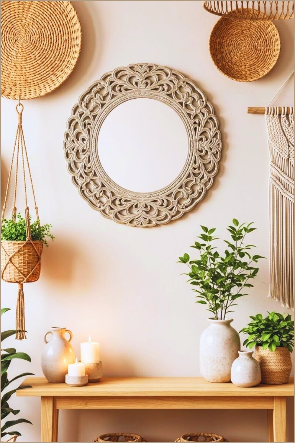 Cozy Boho Wall Decor Featuring A Round Vintage Mirror
