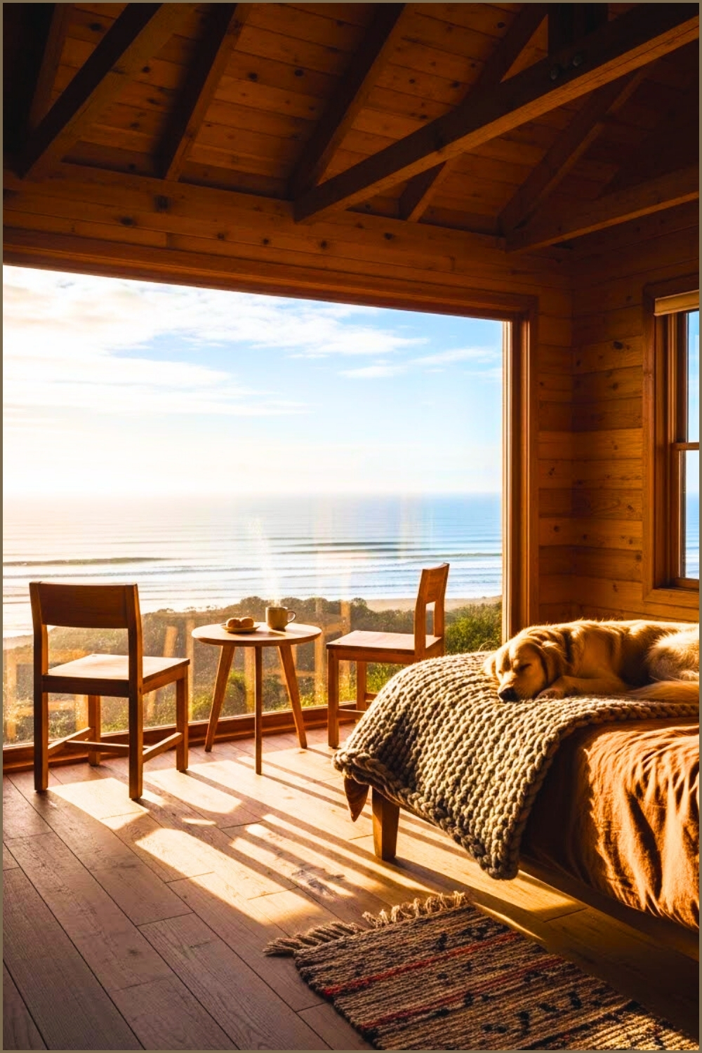 Cozy Cabin Bedroom With Panoramic Ocean Window View