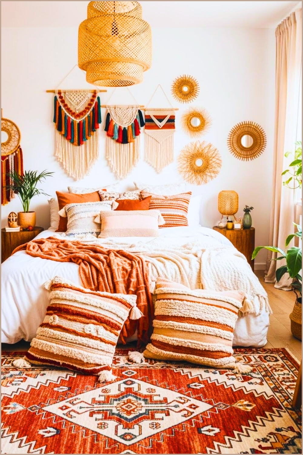 Cozy Colorful Boho Bedroom Featuring A White Bed Layered