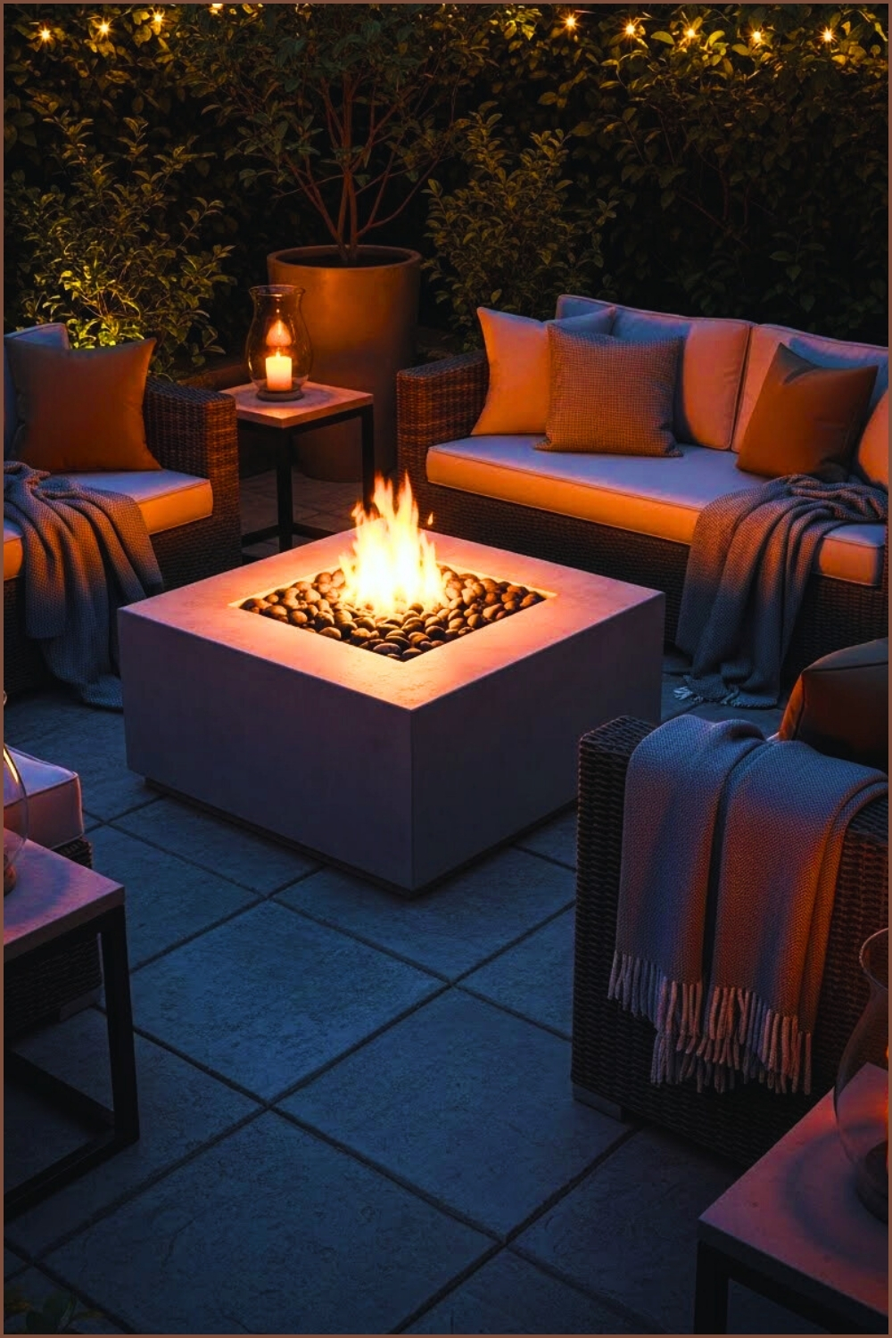 Cozy Evening Outdoor Lounge Modern Square Concrete Firepit Filled