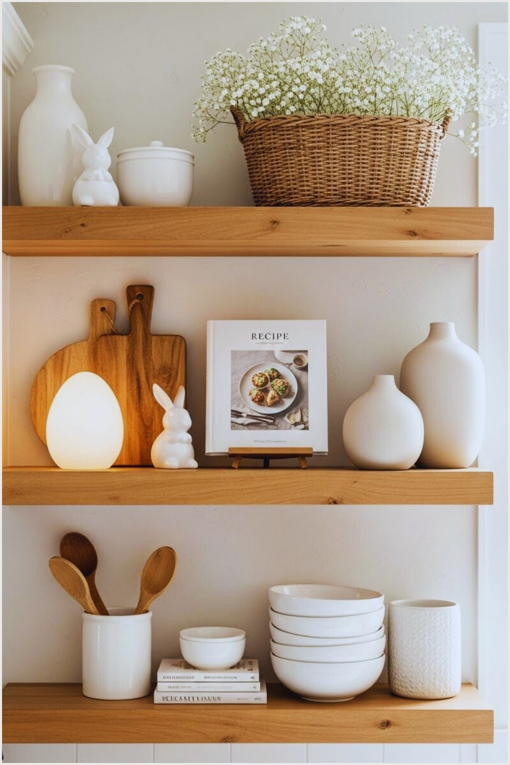 Cozy Farmhouse Kitchen Shelves Styled With Soft Neutral Décor
