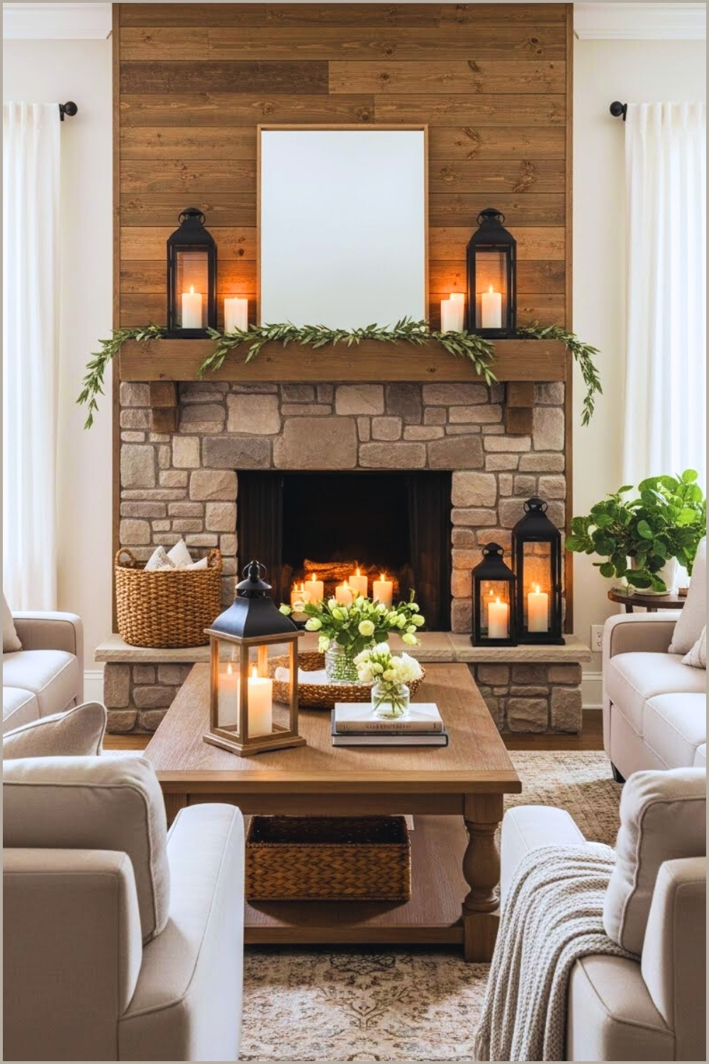 Cozy Farmhouse Living Room With A Stone Fireplace