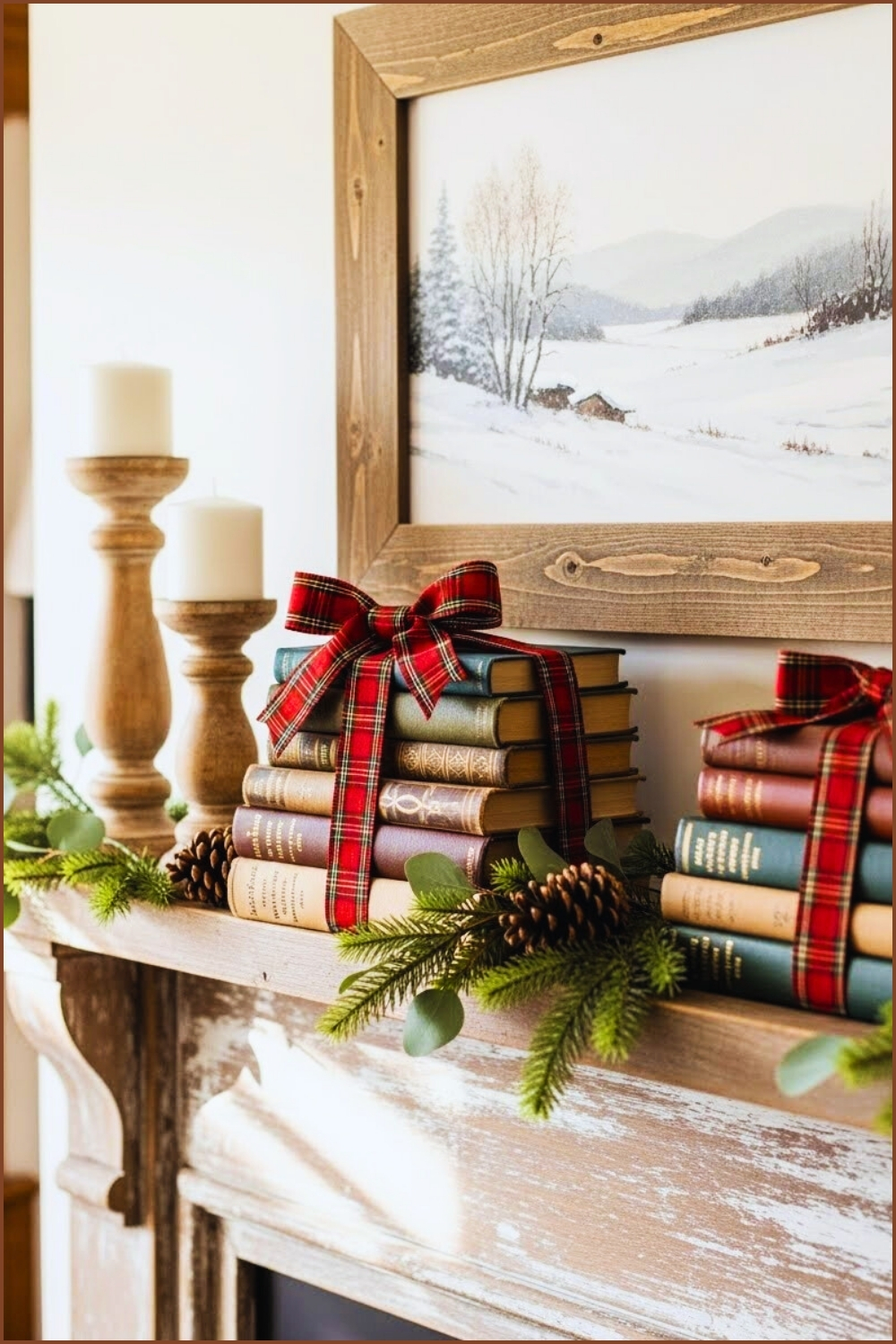 Cozy Farmhouse Winter Mantel With Stacked Vintage