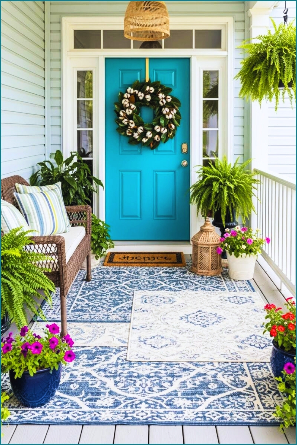 Cozy Front Porch With Layered Patterned Rugs