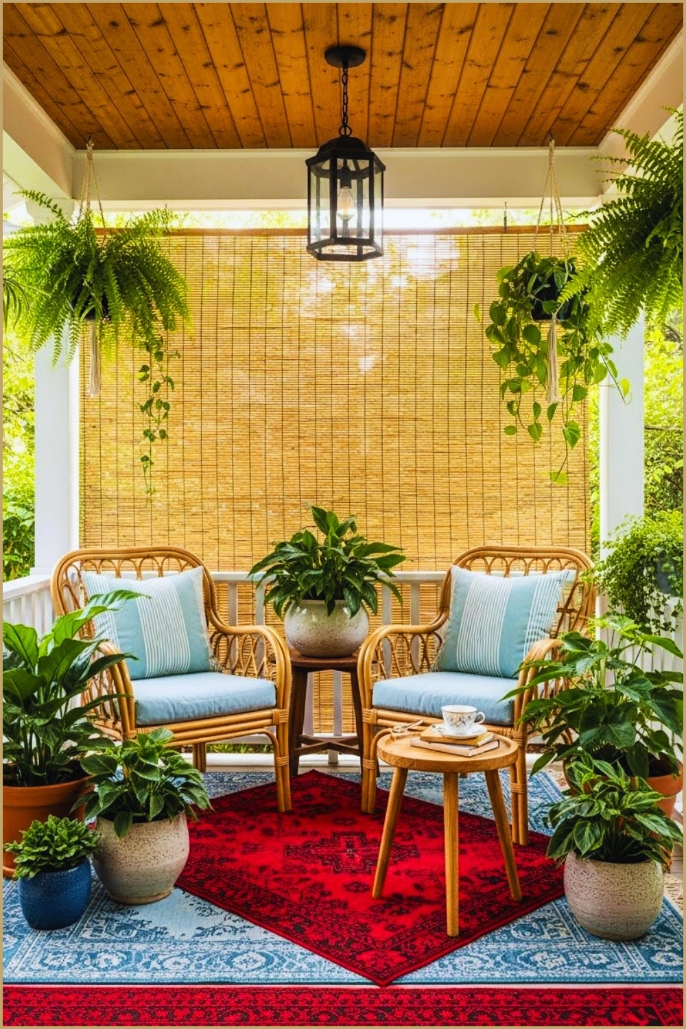 Cozy Front Porch With Tall Woven Bamboo Privacy Screen