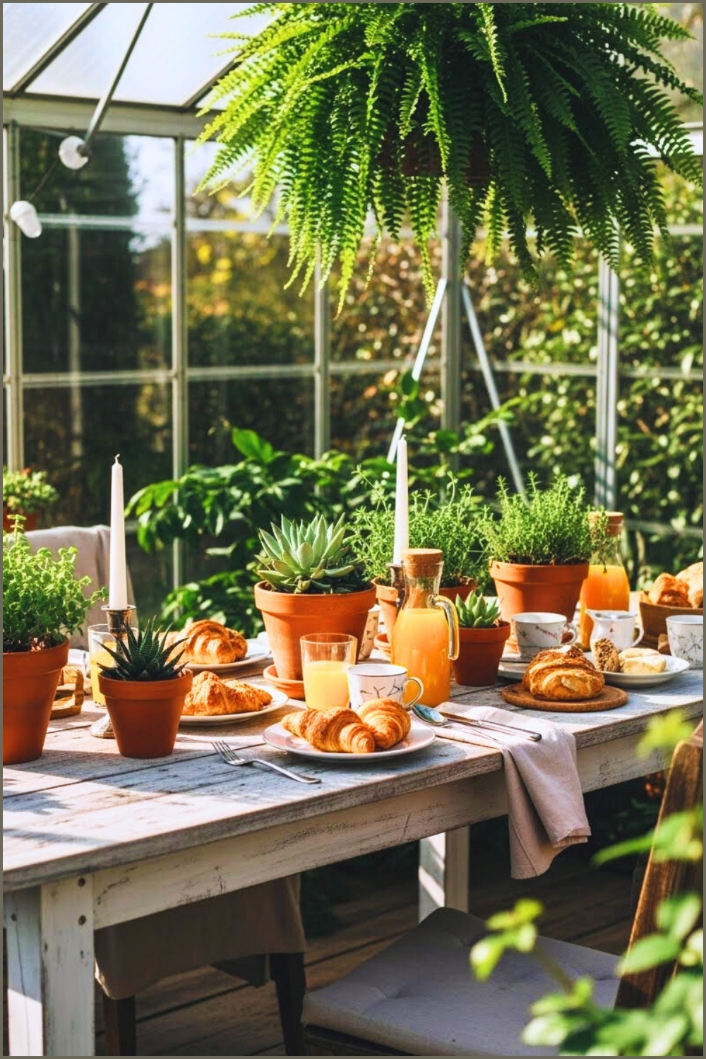 Cozy Greenhouse Brunch Setup Bathed In Warm Morning Sunlight