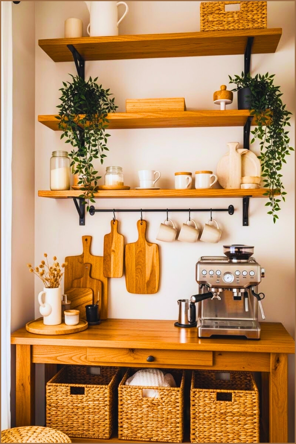 Cozy Home Coffee Bar Station With Open Wooden Floating Shelves