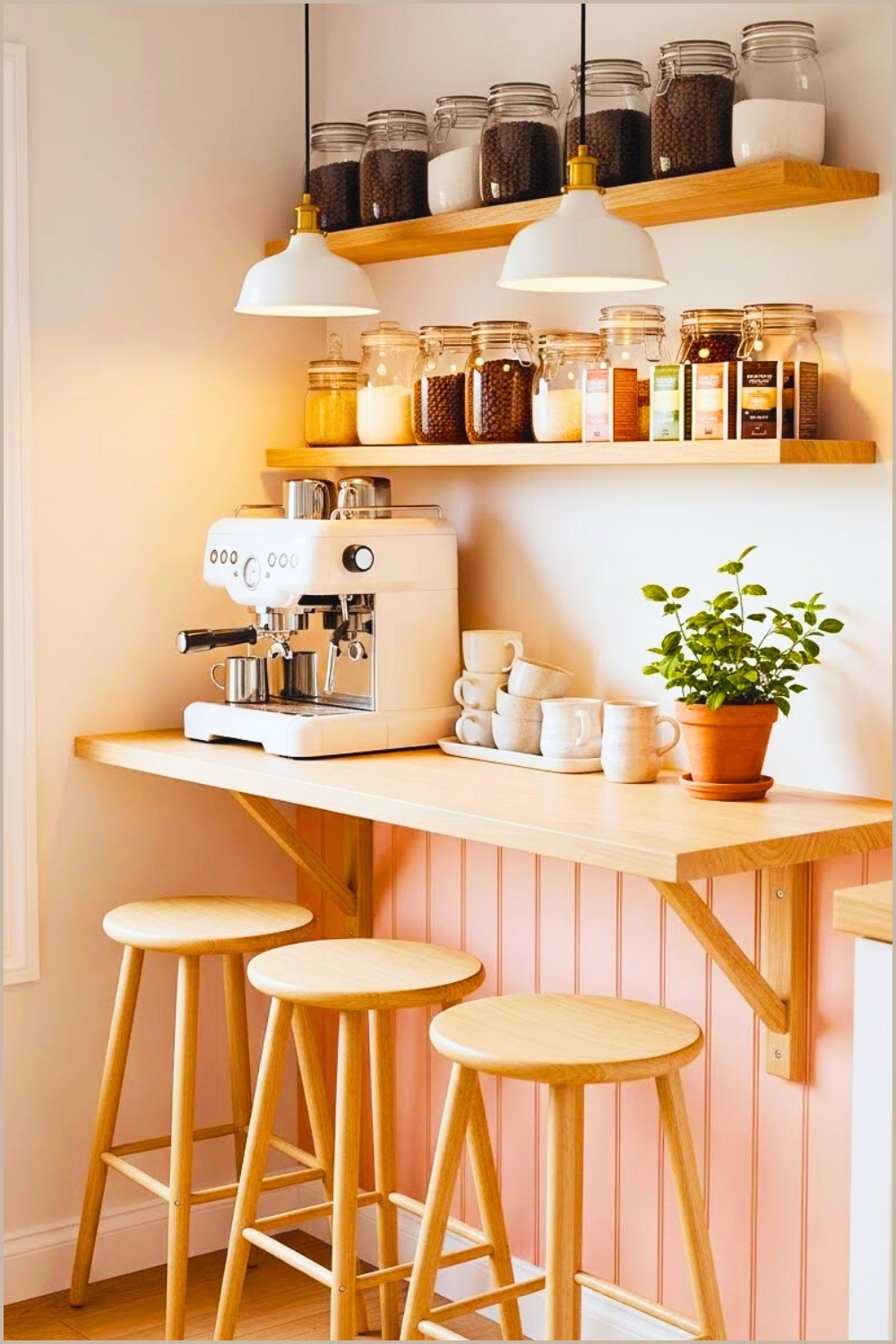 Cozy Home Coffee Bar With Light Wood Bar Stools