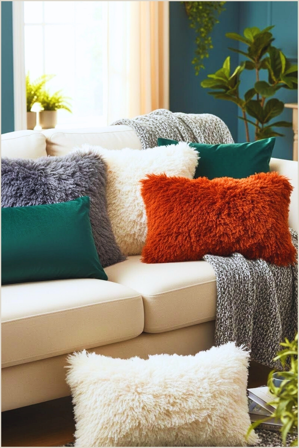 Cozy Living Room Scene With A Cream Upholstered Sofa Filled