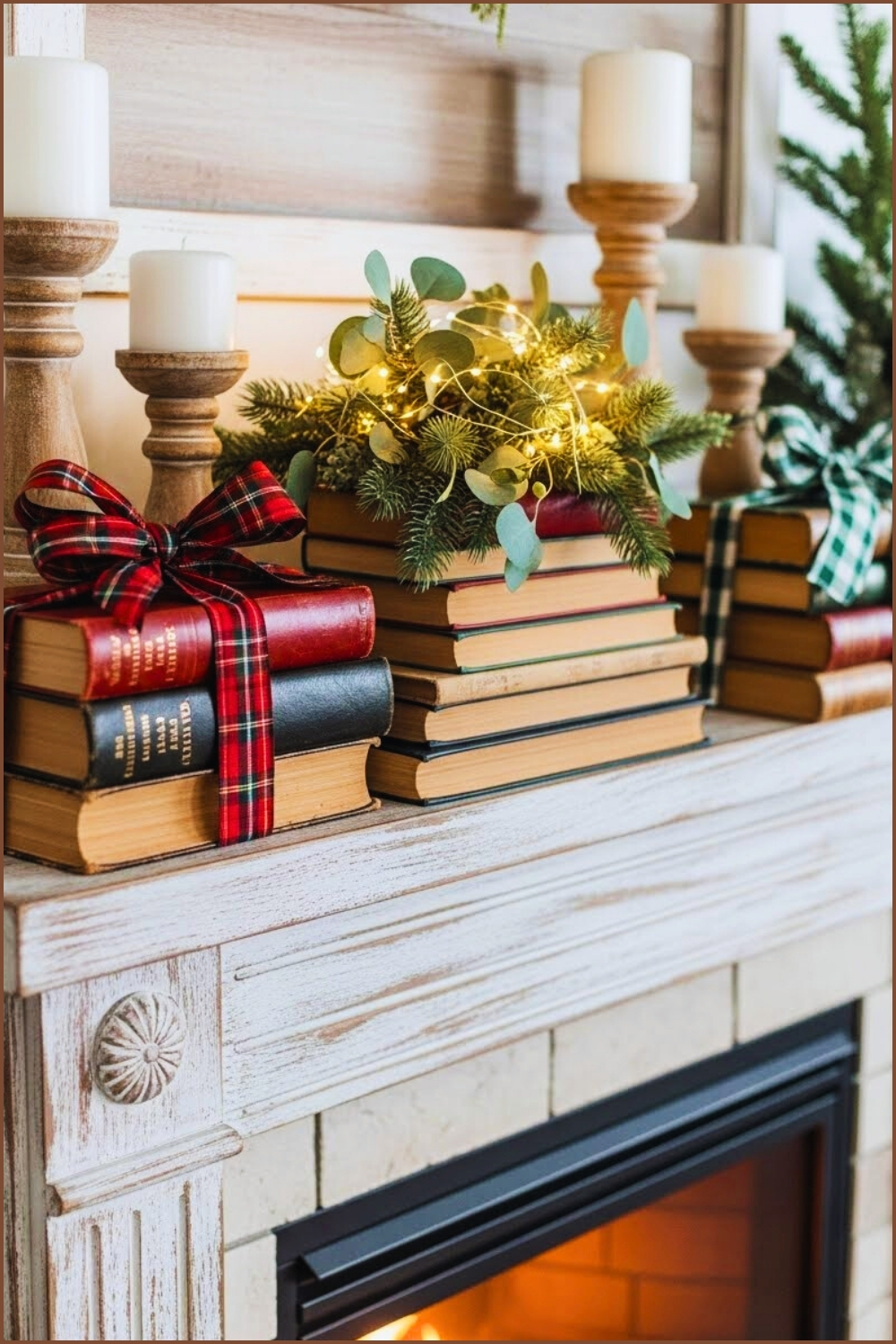 Cozy Mantel Decorated With Stacked Vintage Books Tied With Plaid