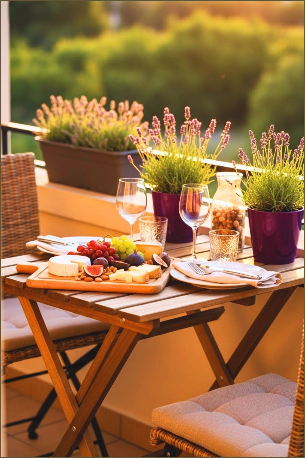 Cozy Mediterranean Style Balcony Dining Scene At Golden Hour