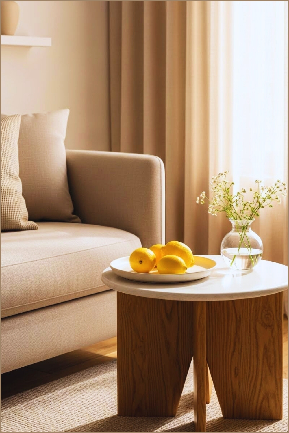 Sunlit Minimalist Living Room Corner With A Soft