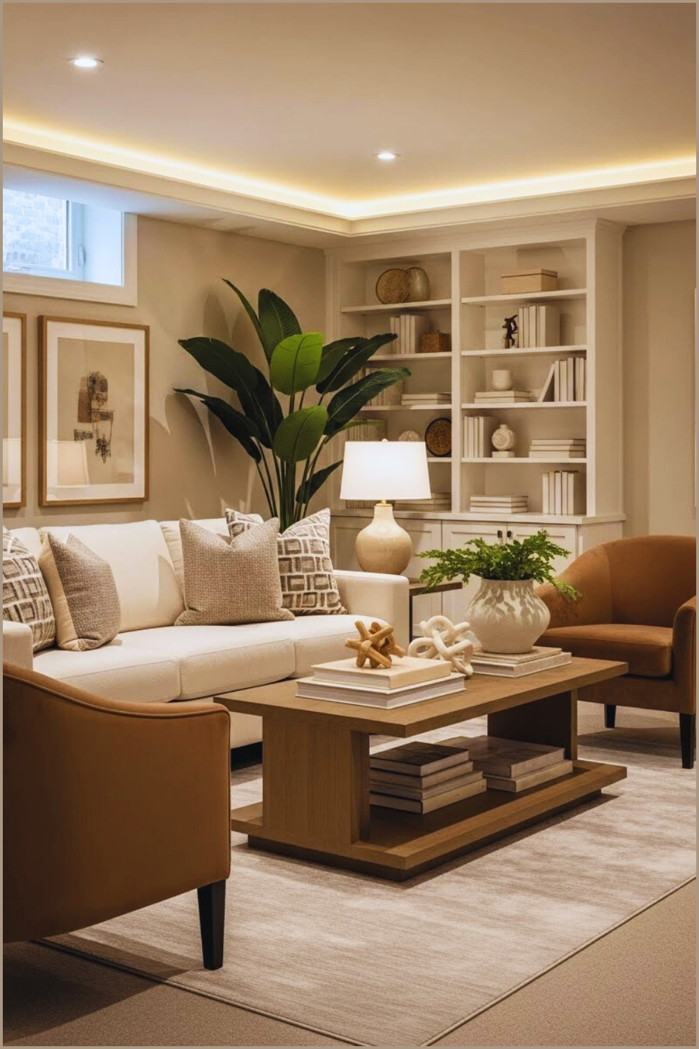 Cozy Modern Basement Living Room With A Soft Beige
