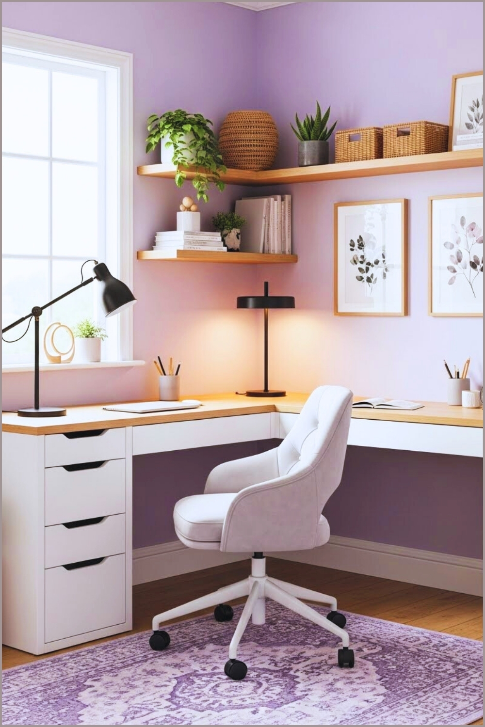 Cozy Modern Corner Workspace With Soft Lavender Walls
