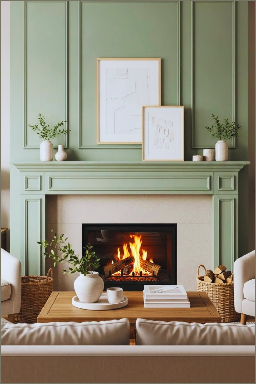 Cozy Modern Living Room Interior Featuring A Sage Green