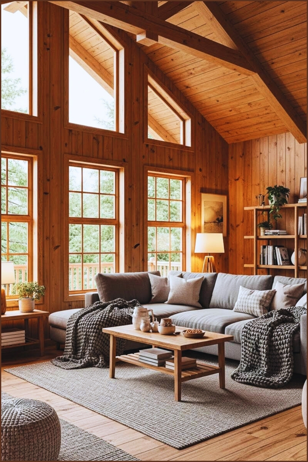 Cozy Modern Rustic Cabin Living Room With Warm Honey Toned Wood