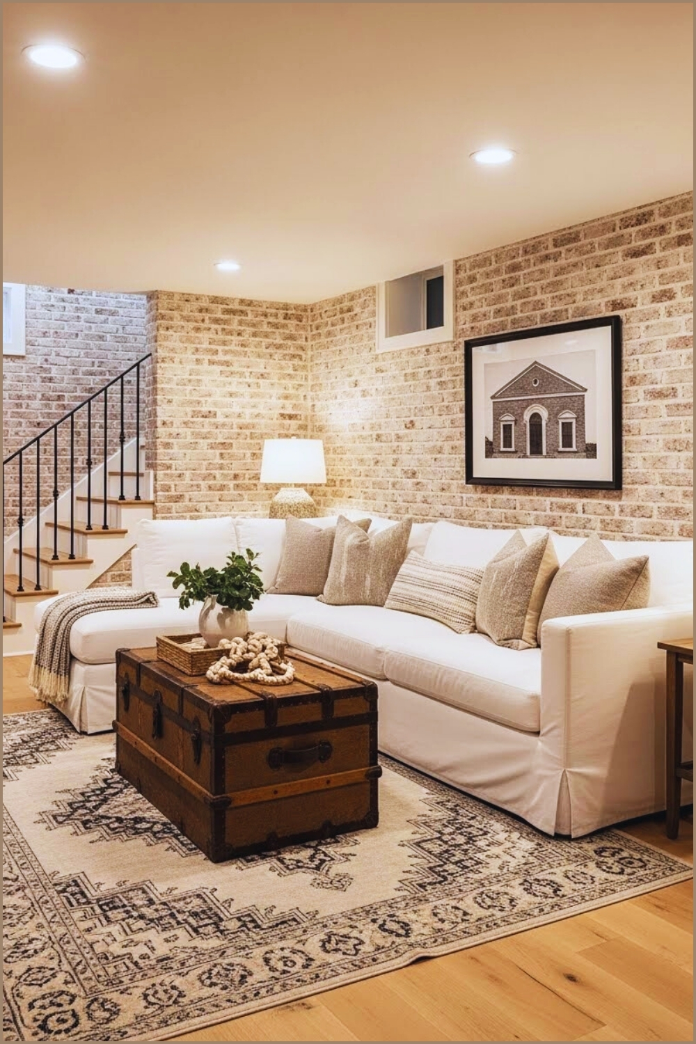 Cozy Neutral Basement Living Room With Whitewashed