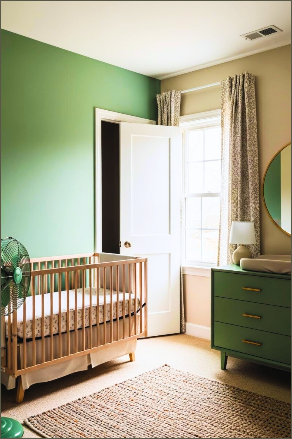 Cozy Nursery Interior Sage Green Accent Wall White Door