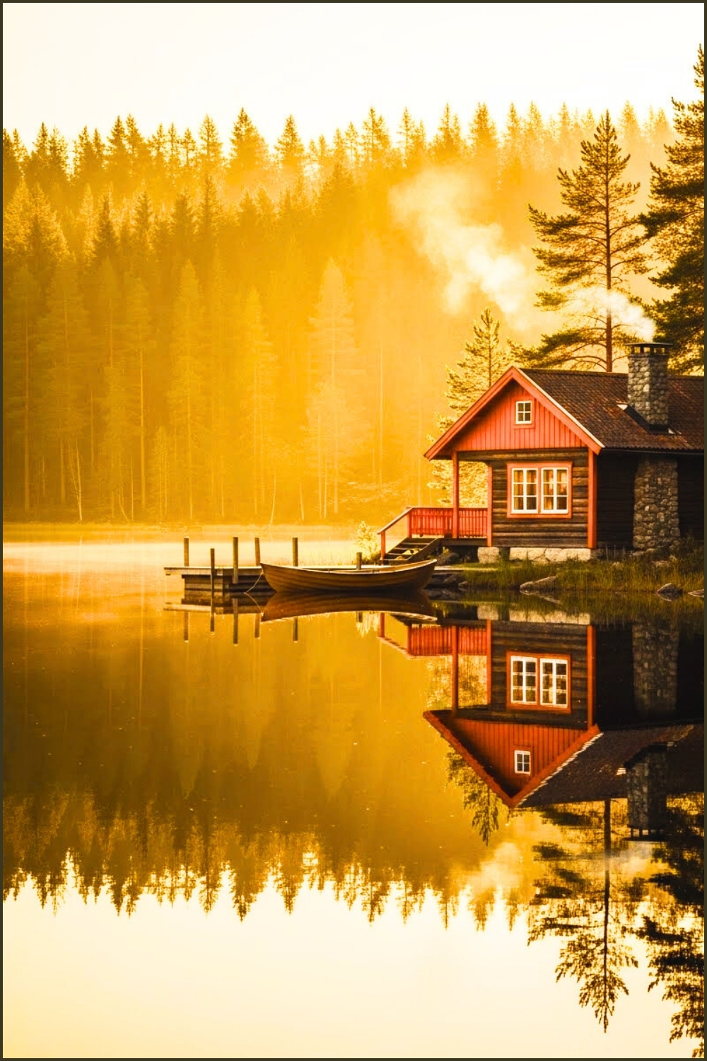 Cozy Orange Cabin Beside Lake, Pine Forest Background