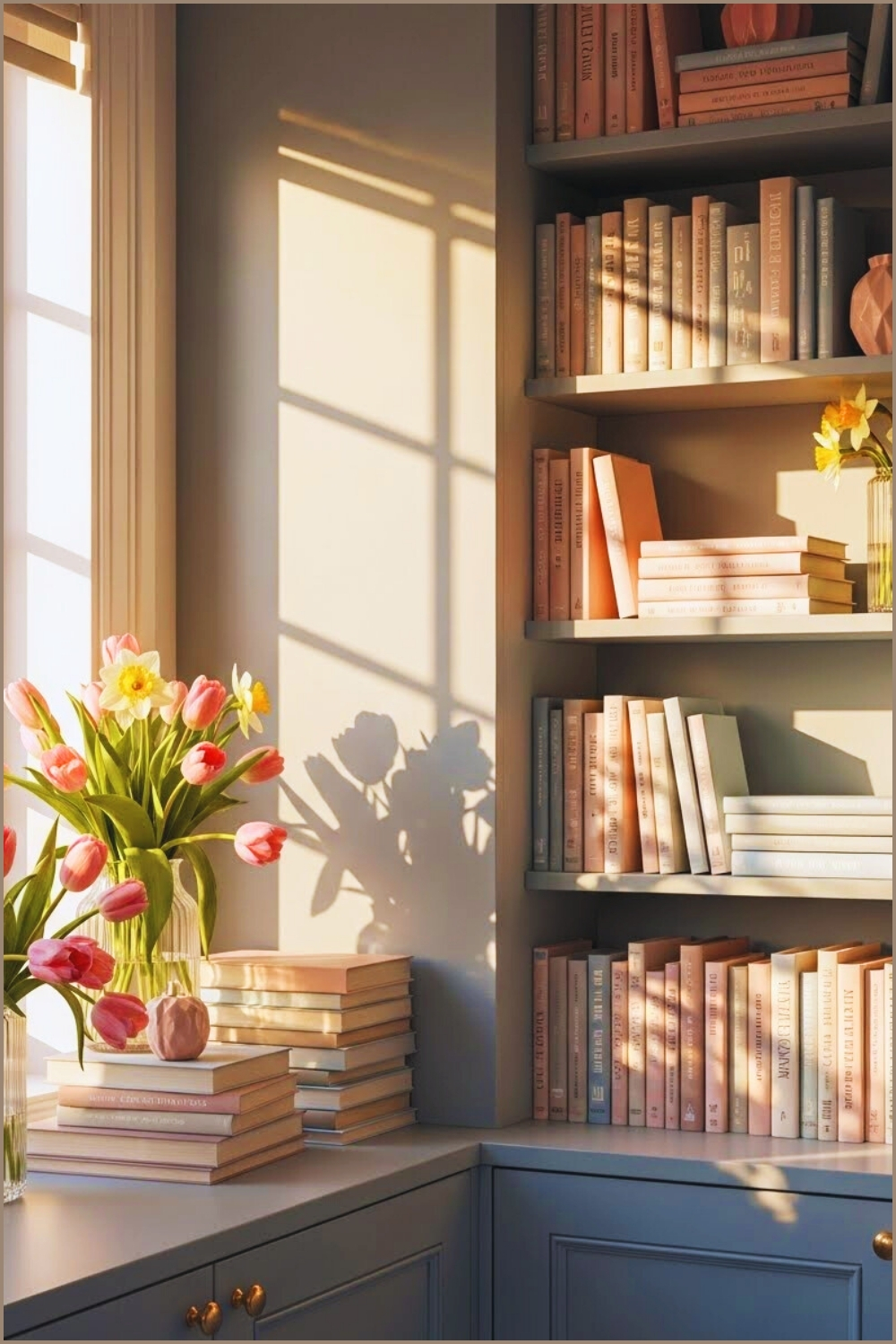 Cozy Pastel Reading Nook With Built In Light Blue Shelves