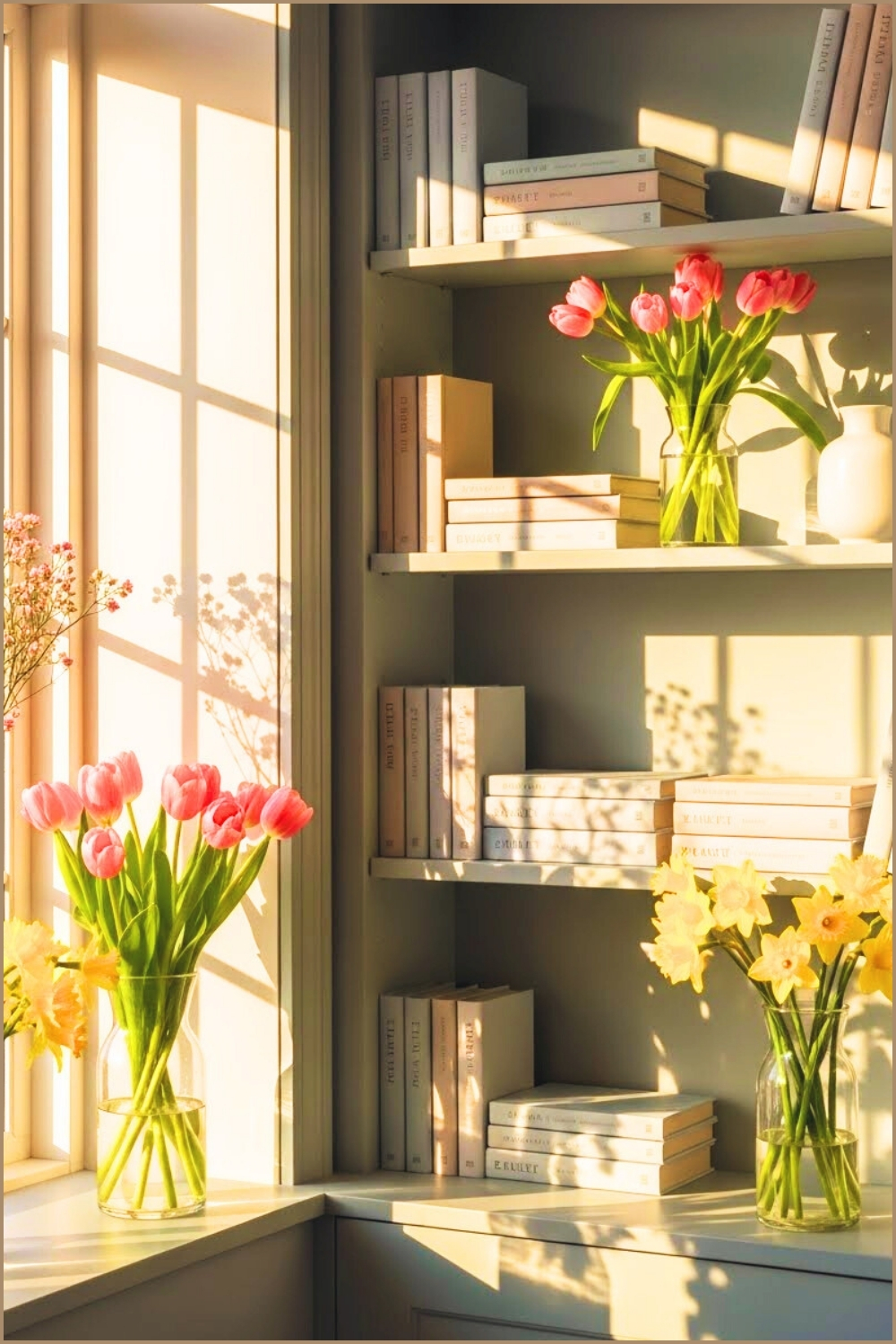 Cozy Pastel Reading Nook With Built In Light Blue Shelves