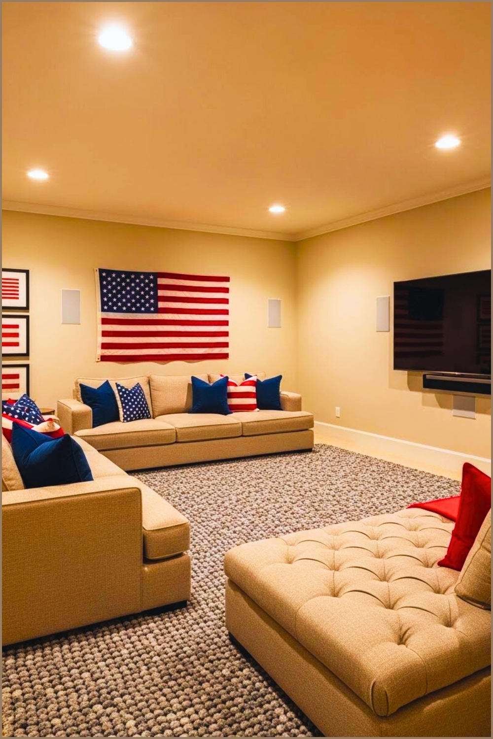 Cozy Patriotic Themed Media Room With Large Upholstered
