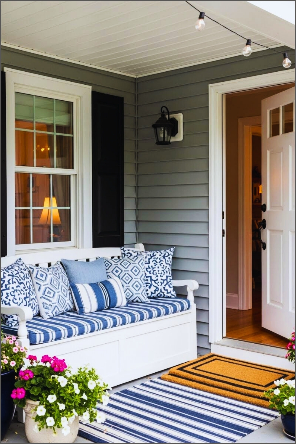 Cozy Porch With Built-in White Bench, Blue Striped Cushion